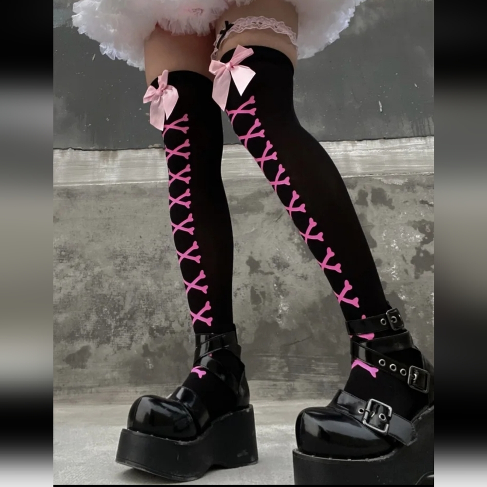 Bones & Bows Knee High Tights Stockings - Picture 5 of 16